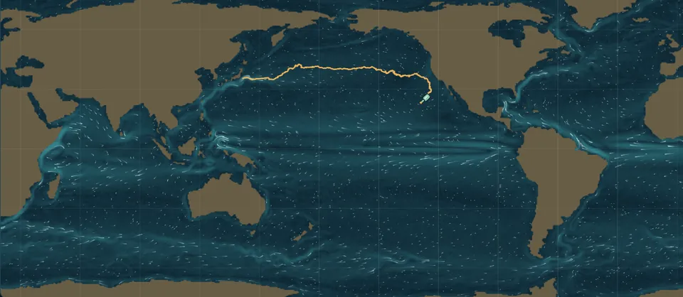 A world map of ocean currents with a bottle's path drifting from Japan across the North Pacific.